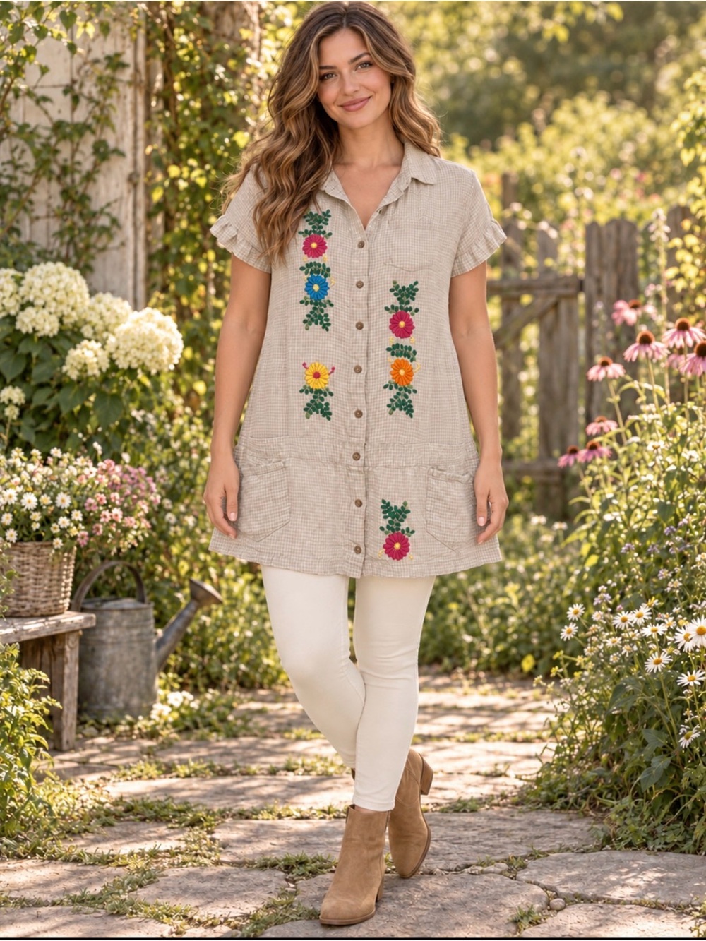 Embroidered Button-Front Tunic in Beige with Floral Motif 100% linen
